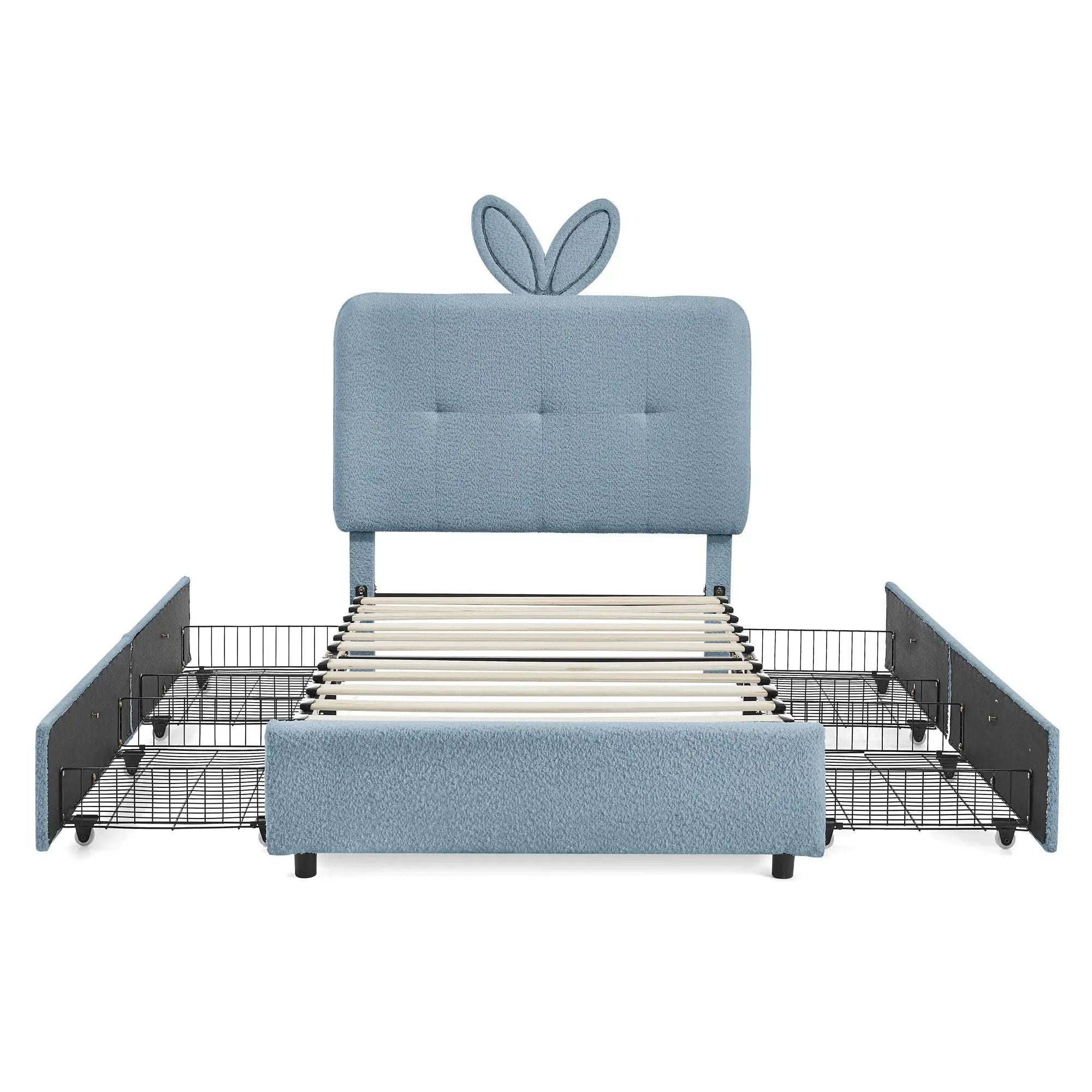 Twin Size Kids Upholstered Bed with Oversized Rabbit Ear Headboard by HouseOfZazla