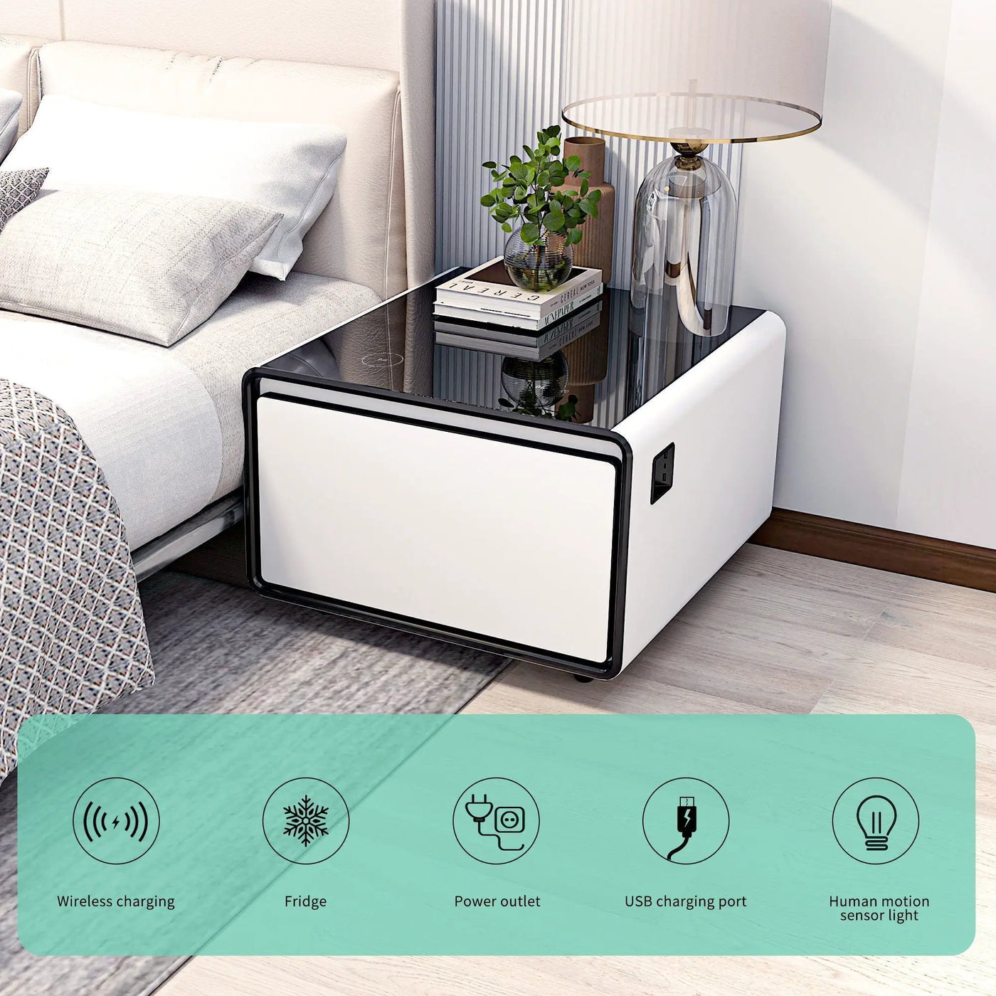 Modern Smart Side Table With Built-In Fridge, Wireless Charging, Temperature Control, Power Socket, USB Ports, Outlet Protection, Induction Light by HouseOfZazla