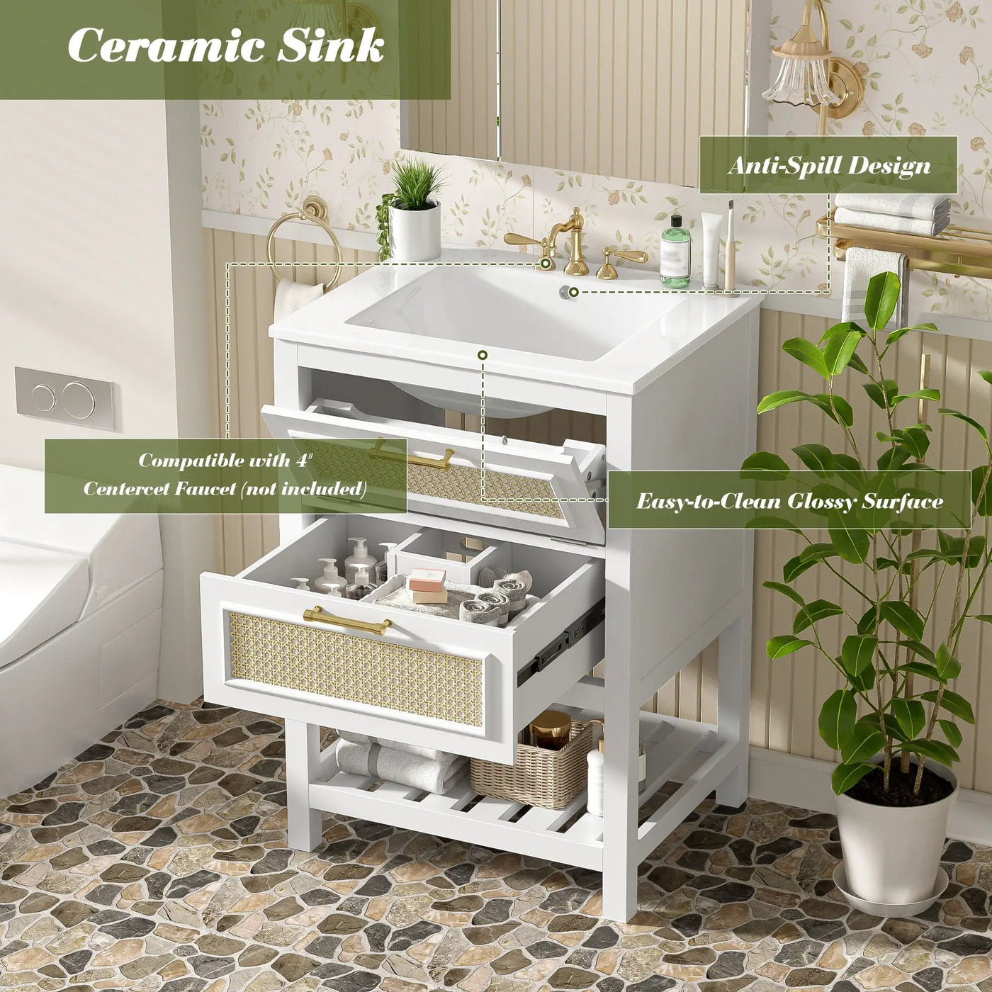 Modern Bathroom Vanity With Integrated Sink, Cabinet With 1 Deep Drawer And 1 Tip-Out Drawer by HouseOfZazla