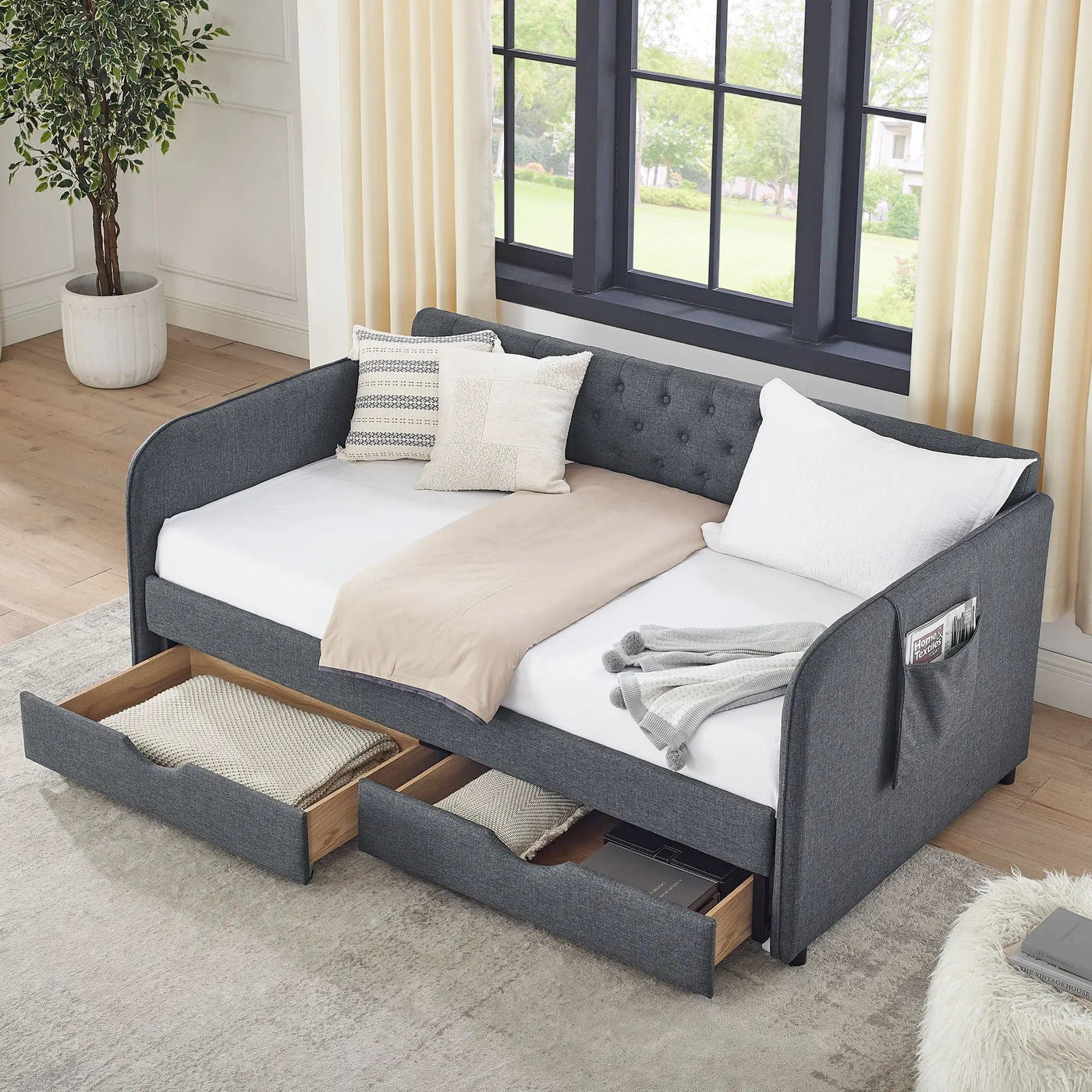 Daybed With Trundle And Storage Drawers, Flat Arms With Pocket by HouseOfZazla