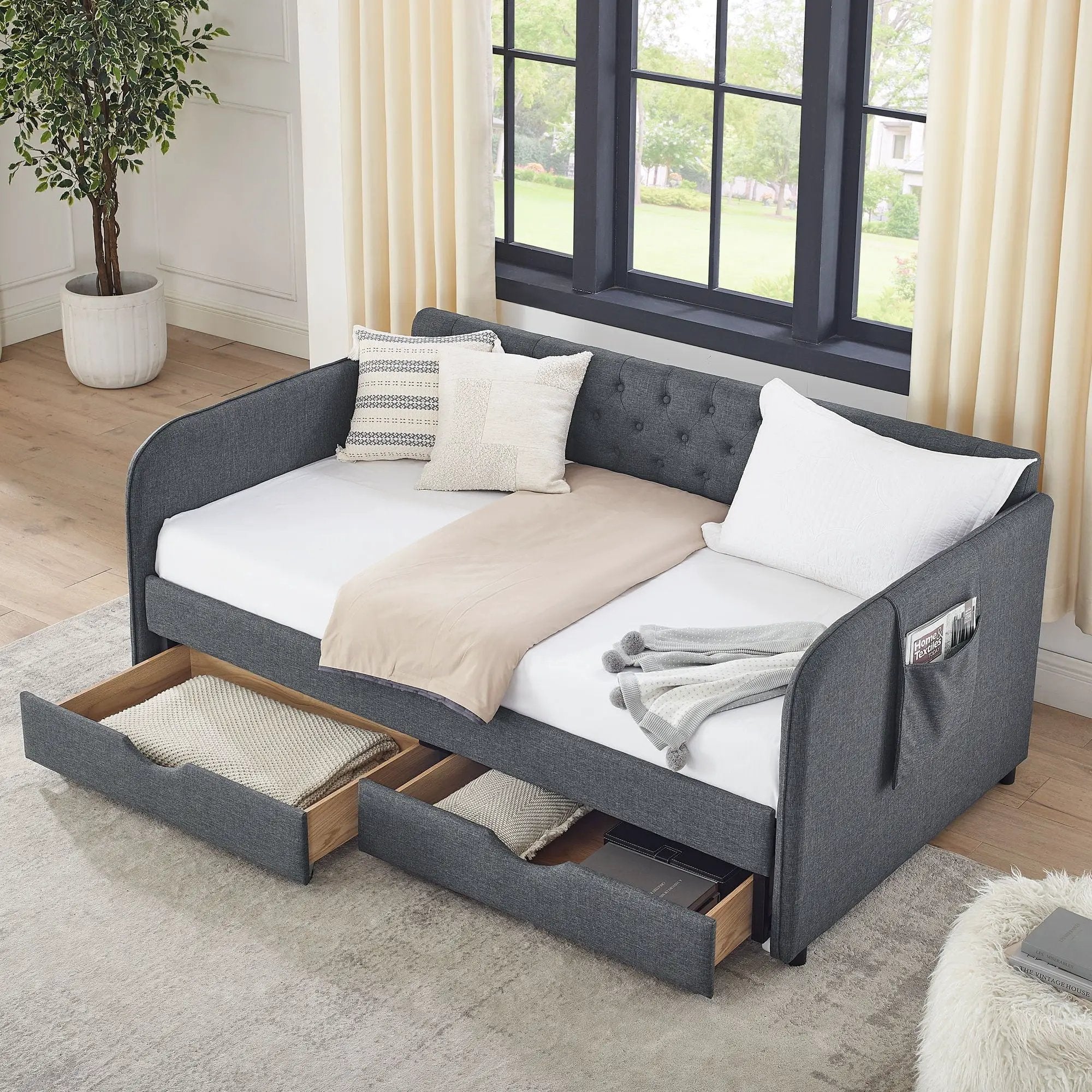 Daybed With Trundle And Storage Drawers, Flat Arms With Pocket by HouseOfZazla