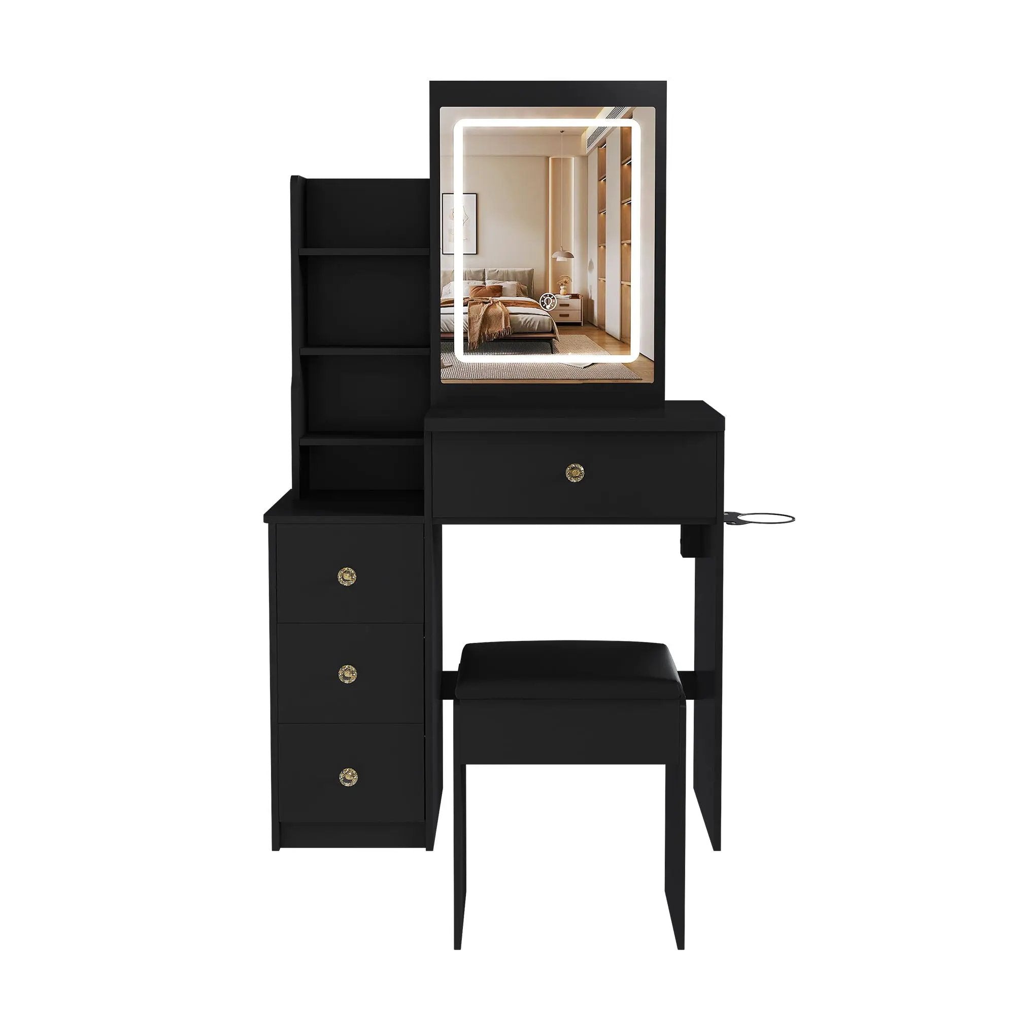 Vanity Desk With 3 LED Lighting Modes, 4 Drawers, Open Shelves, Hair Dryer Holder & Power Socket Dressing Table Set With Chair - Black by Unique Piece Furniture