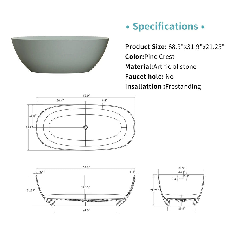 69'' Freestanding Bathtub Resin Stone Soaking Bathtub by HouseOfZazla