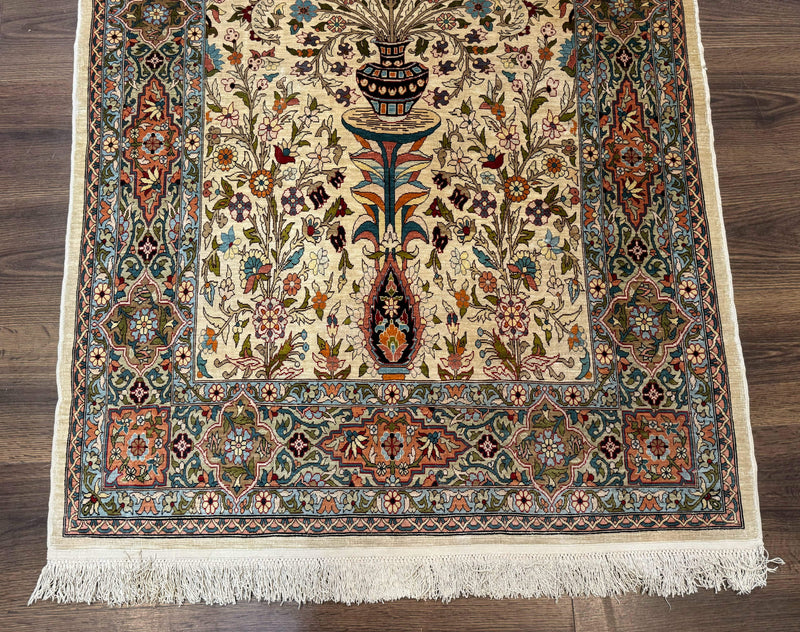 Rare Turkish Hereke Silk Rug 3x5, Tree of Life Persian Vase Design, Very Fine 440 KPSI, Signed by Jewel Rugs