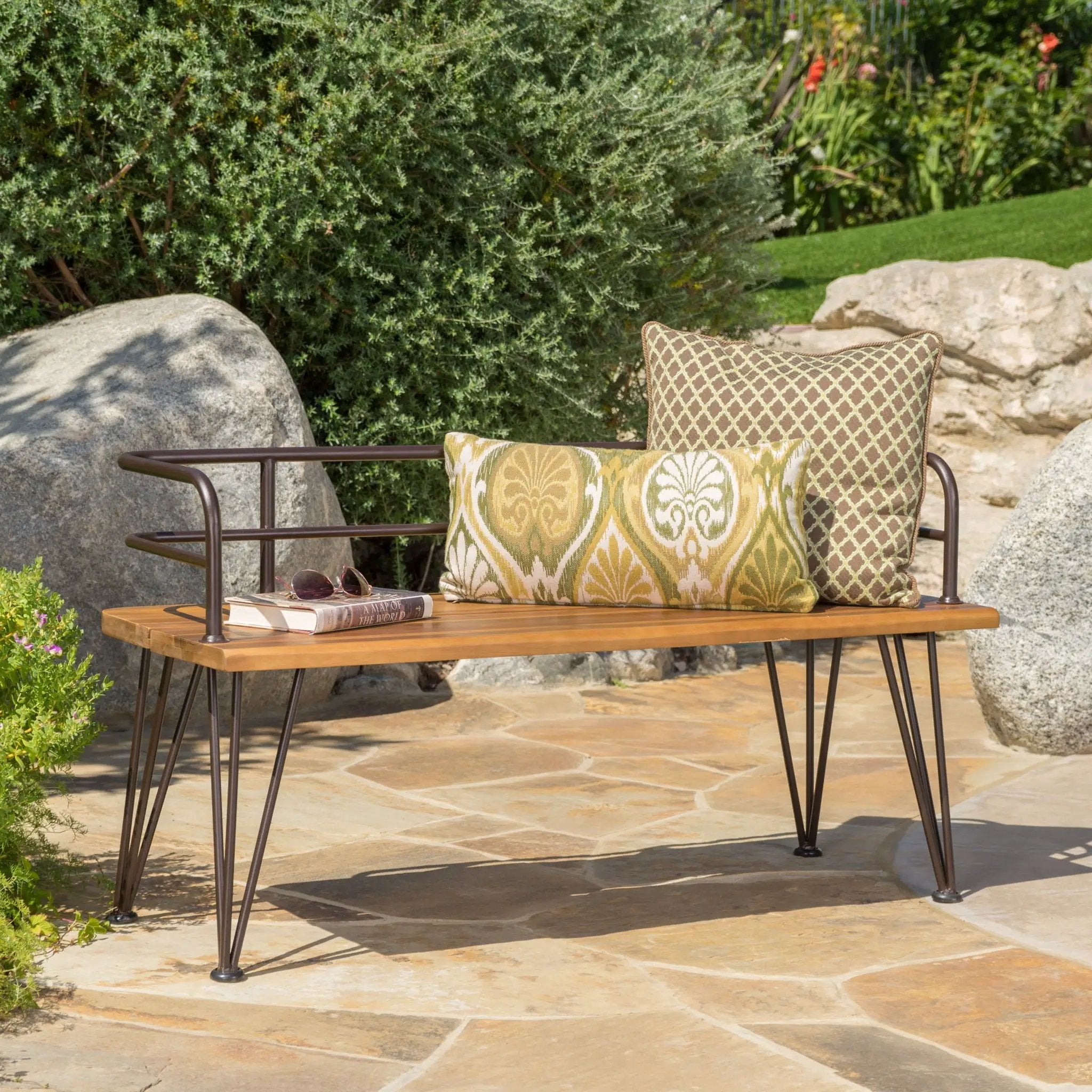 Outdoor Bench With Powder Coated Iron Frame - Teak by HouseOfZazla