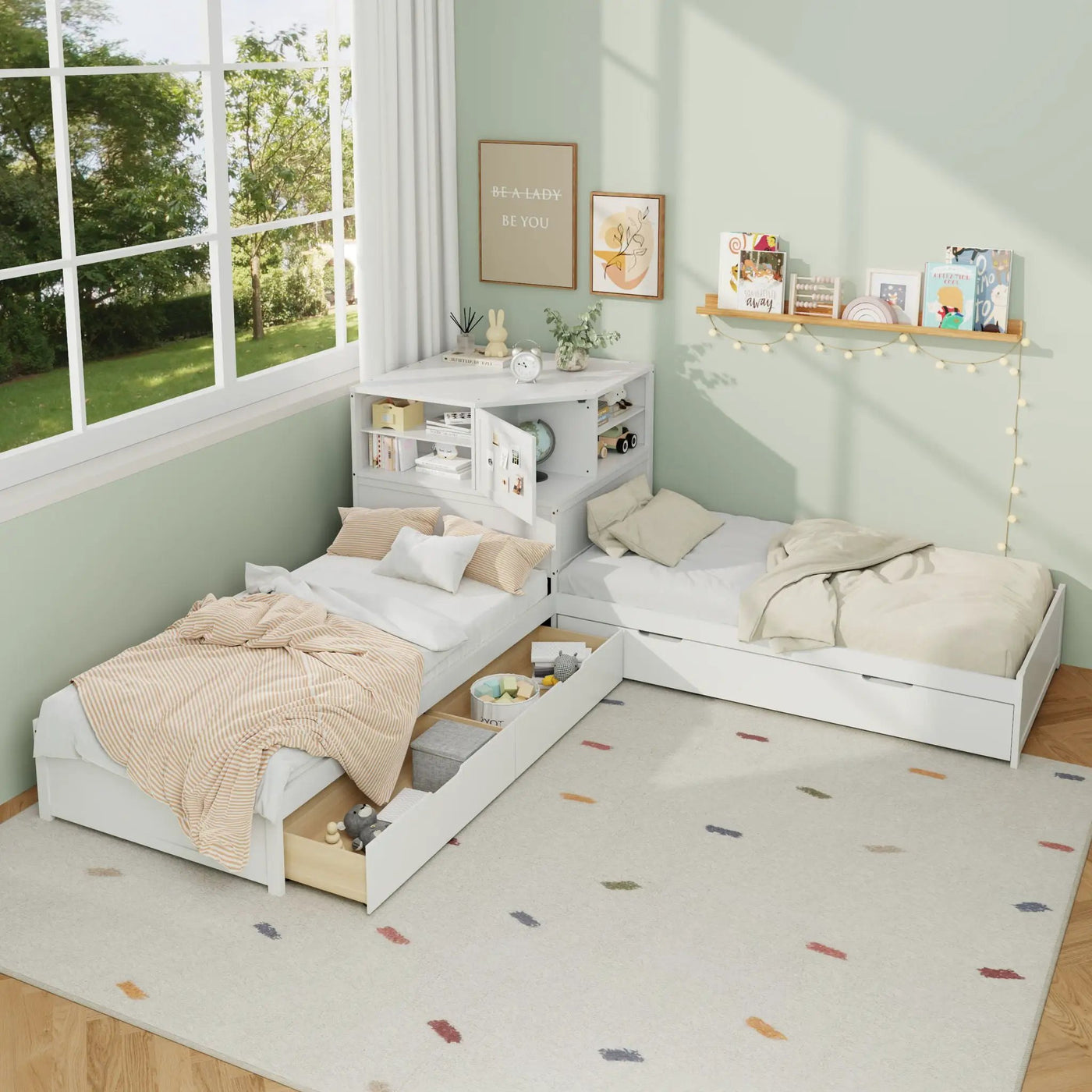 L-Shaped Bed Frame With Trundle, Built In Desk & LED Lighting by HouseOfZazla