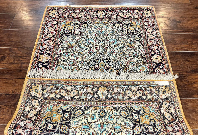 Silk Persian Qum Rug 4x5, Hand Knotted Vintage Carpet, Cream & Navy Blue, Silk Pile on Silk Foundation, Very Fine 360 KPSI by Jewel Rugs