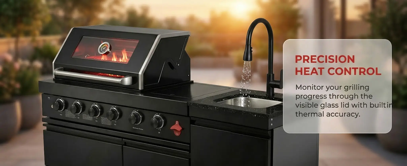 65" 4-Burner 72,000 BTU Black Outdoor Kitchen Island Grill + Round Side Burner by Chery Industrial