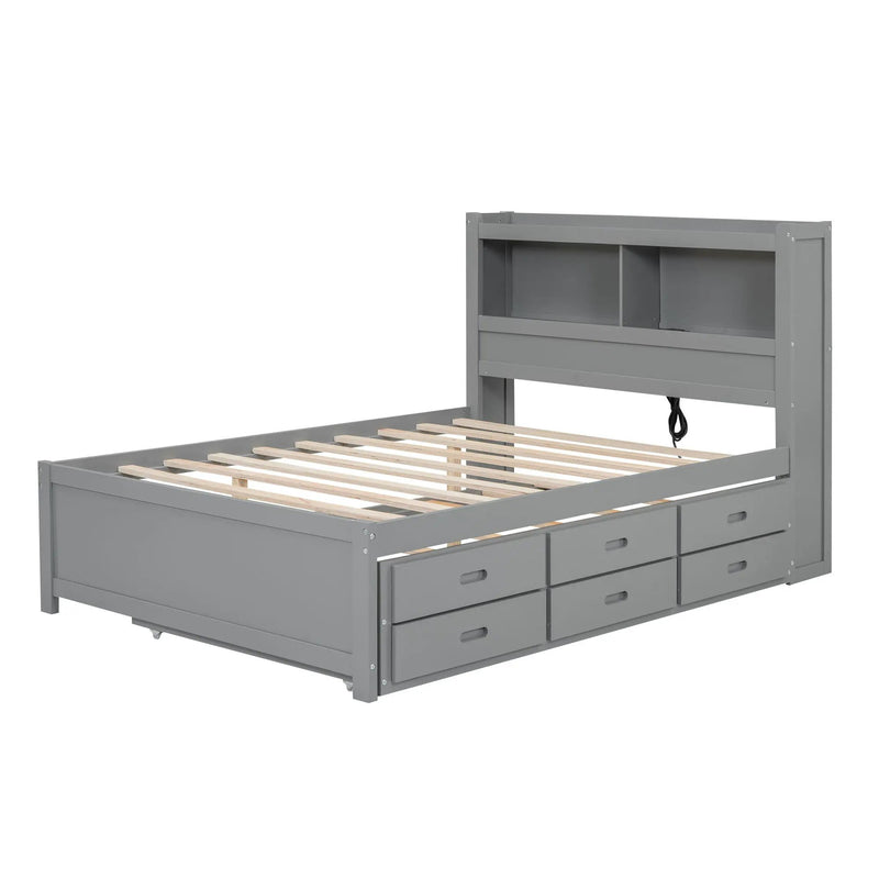 Full Size Platform Bed With Trundle, Drawers, USB Ports And Built In Shelves - Gray by HouseOfZazla
