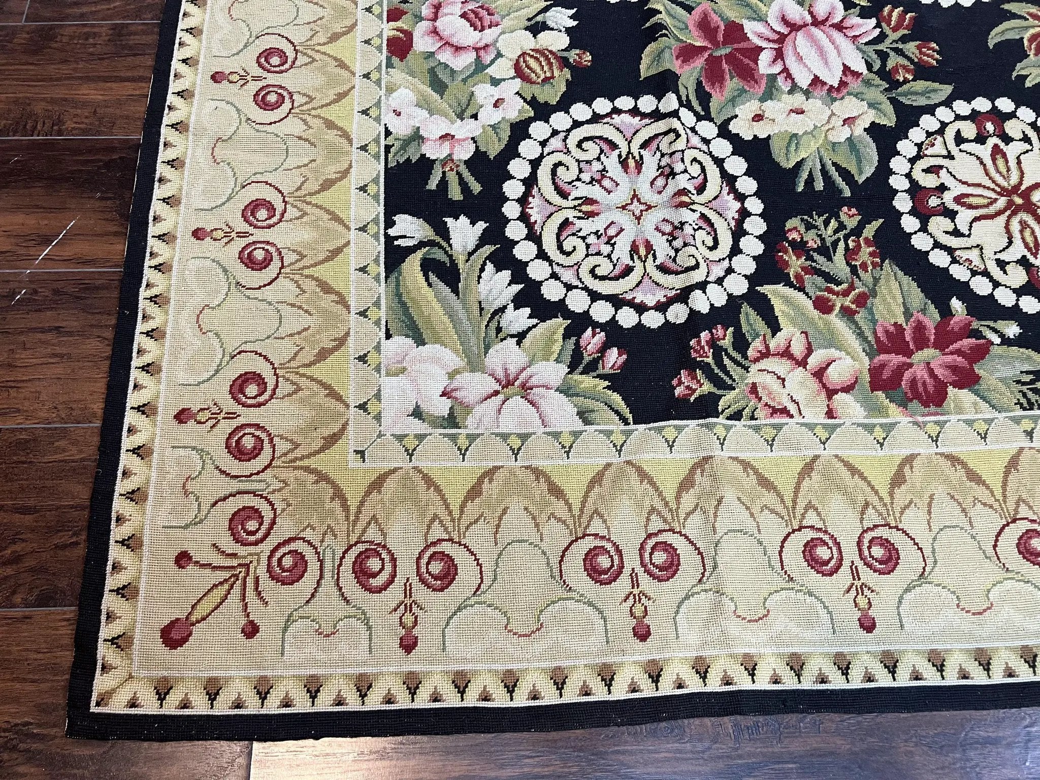 9x12 Black Needlepoint Rug, European Floral Panel Design, Handwoven, Vintage Chinese Needlepoint, Black Green Beige, Wool Rug 9 x 12 by Jewel Rugs