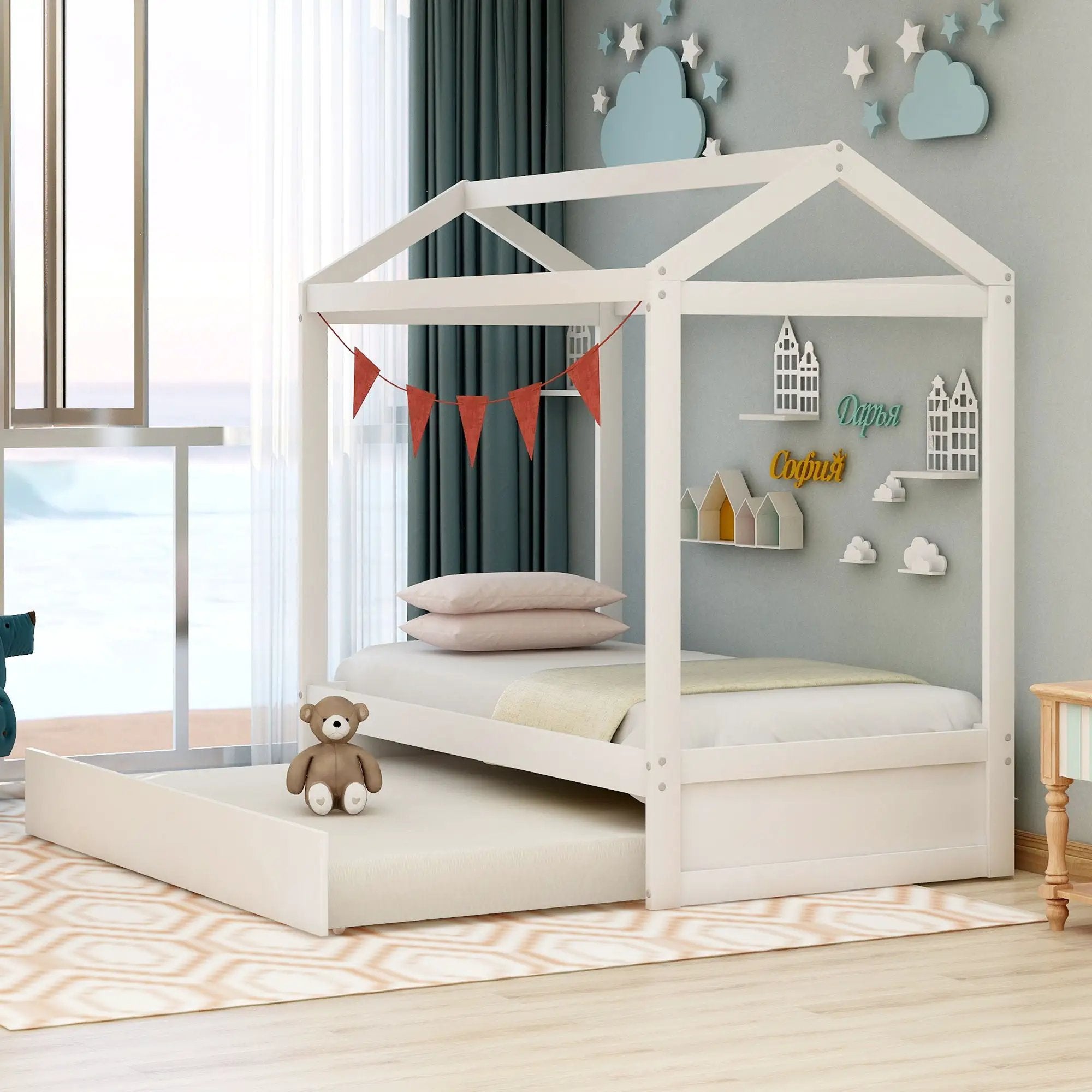 House Bed With Trundle In, Twin Size - White by Unique Piece Furniture