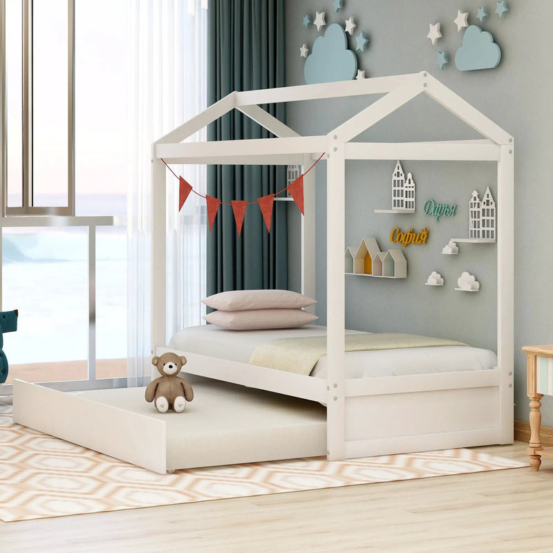 House Bed With Trundle In, Twin Size - White by Unique Piece Furniture