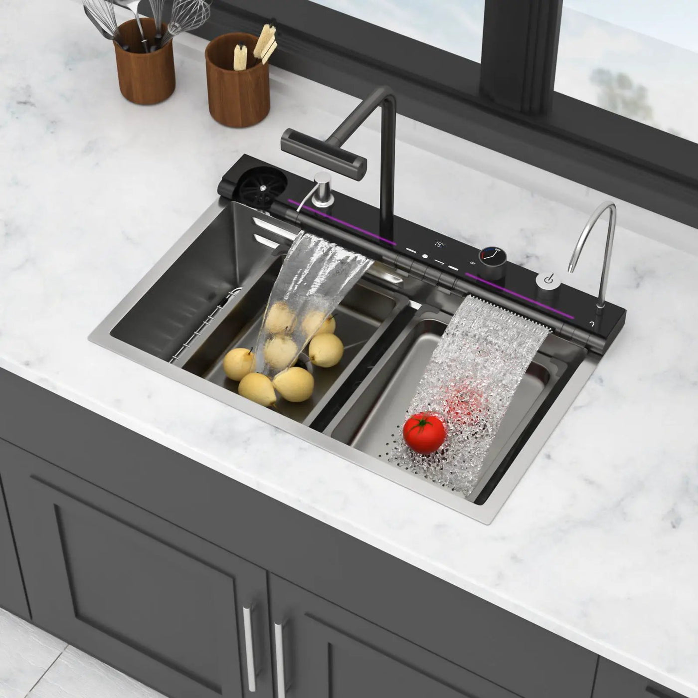 30" Single Bowl Kitchen Sink With Smart LED Faucet by HouseOfZazla