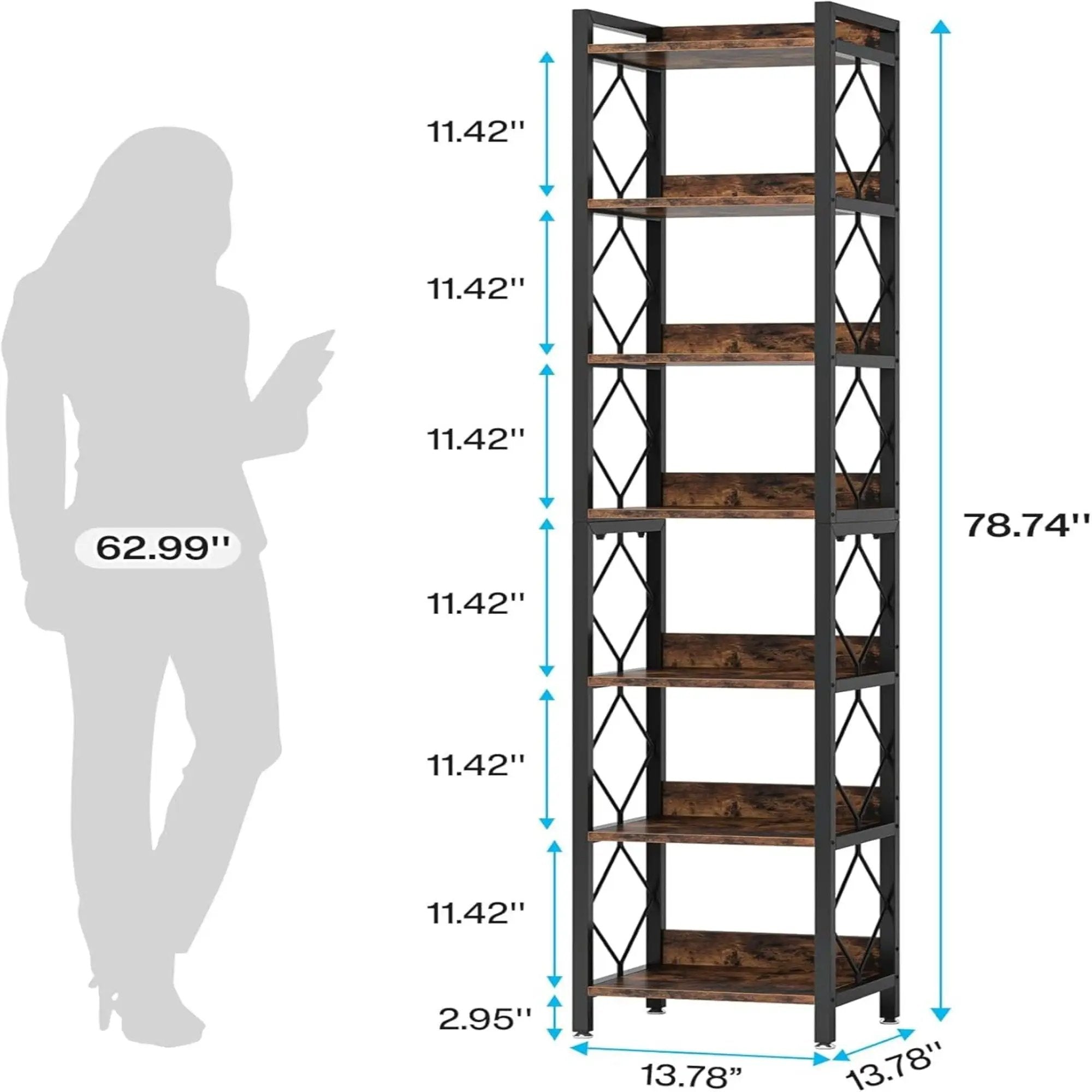 Extra Tall 7 Tier Narrow Corner Bookshelf Storage Display Rack For Living Room - Rustic Brown by HouseOfZazla