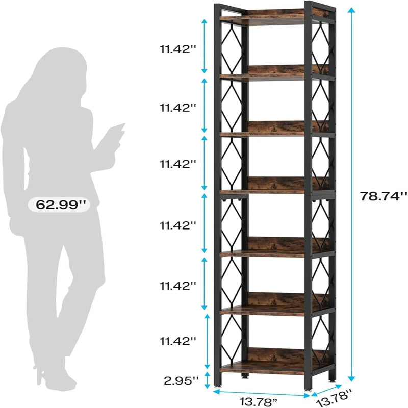 Extra Tall 7 Tier Narrow Corner Bookshelf Storage Display Rack For Living Room - Rustic Brown by HouseOfZazla
