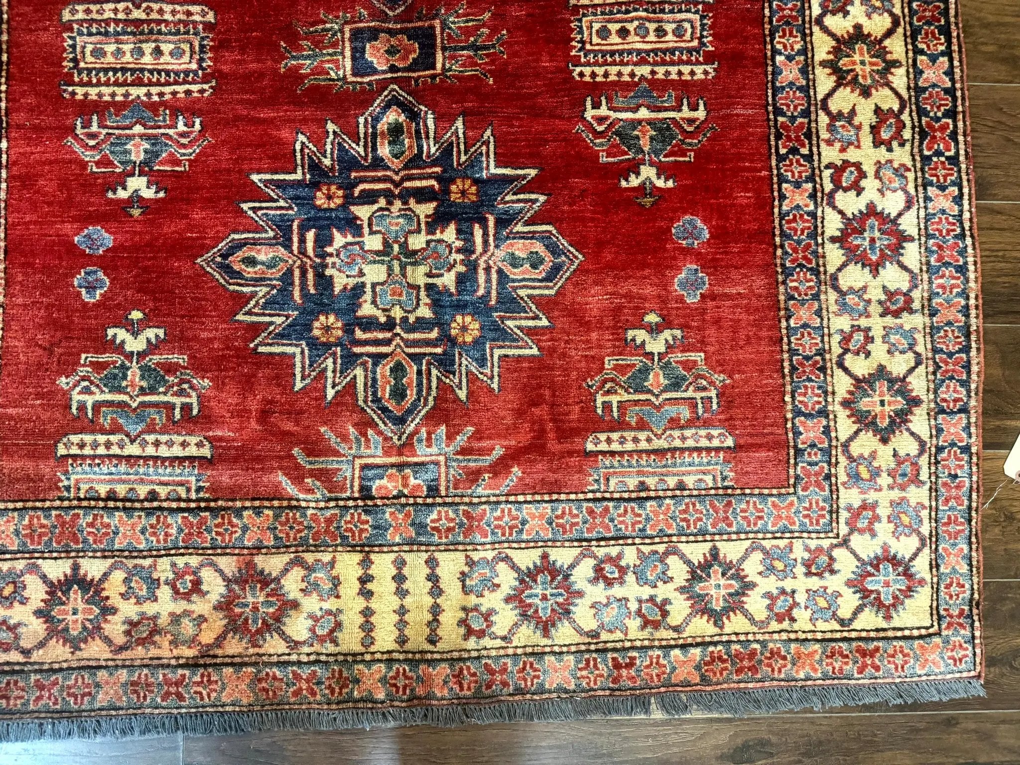 Square Turkish Rug 6x6, Azerbaijani Azeri Turkish Armenian Rug, Red Tan Blue, Geometric, Wool Carpet by Jewel Rugs