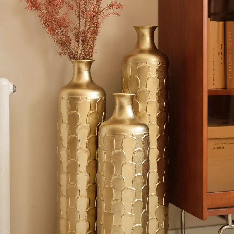 Floor Metal Vases Decorated White Metal Vases (Set of 3) Gorgeous Home Decoration Large Glazed Metal Vases - Golden by HouseOfZazla