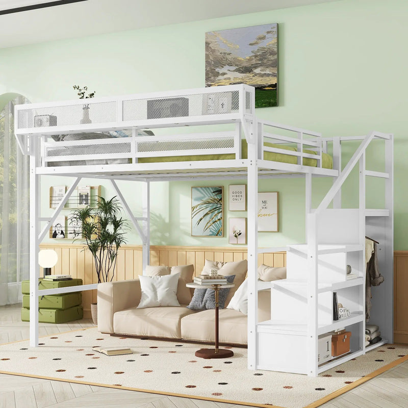 Queen Size Loft Bed with Stairs, Metal Queen Loft Bed with Storage Shelves by HouseOfZazla