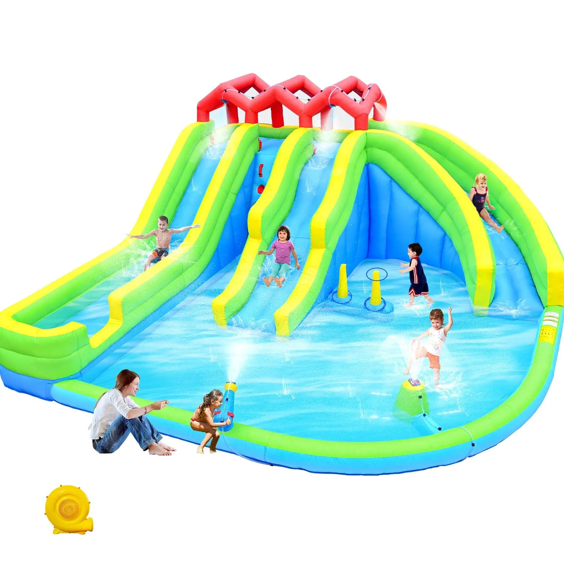 7-in-1 Inflatable Water Park Three Slide with Blower and Climbing Wall for Children by HouseOfZazla
