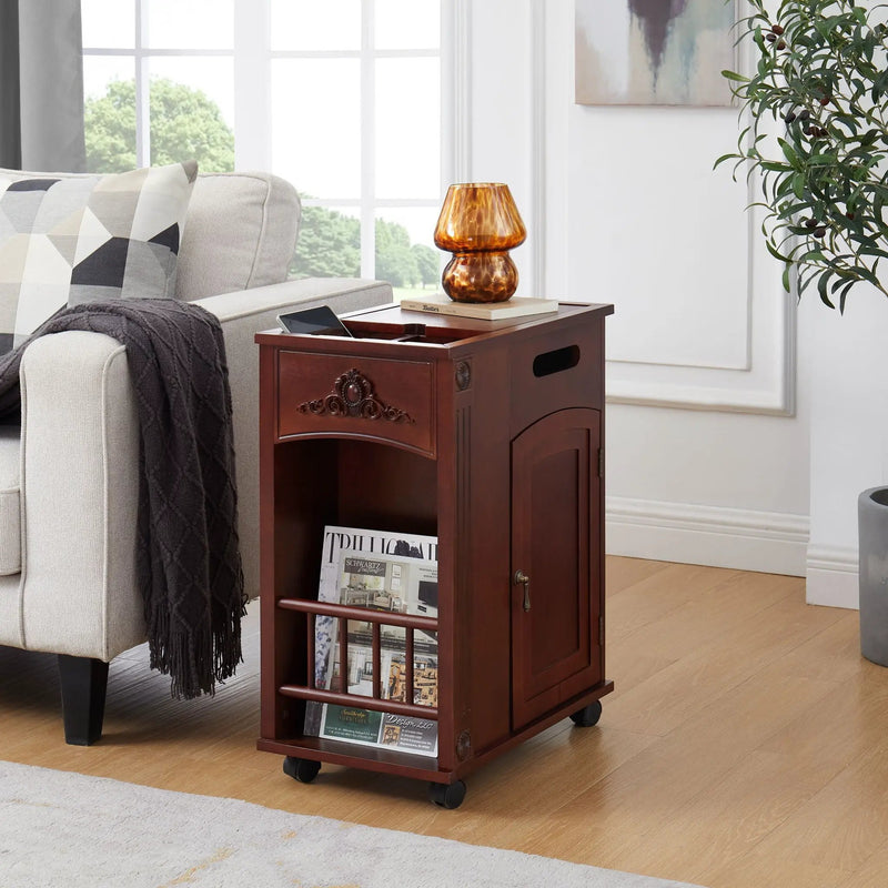 Traditional End Table With Charging Station, Narrow Side Table With USB Ports And Outlets - Red Walnut by Unique Piece Furniture