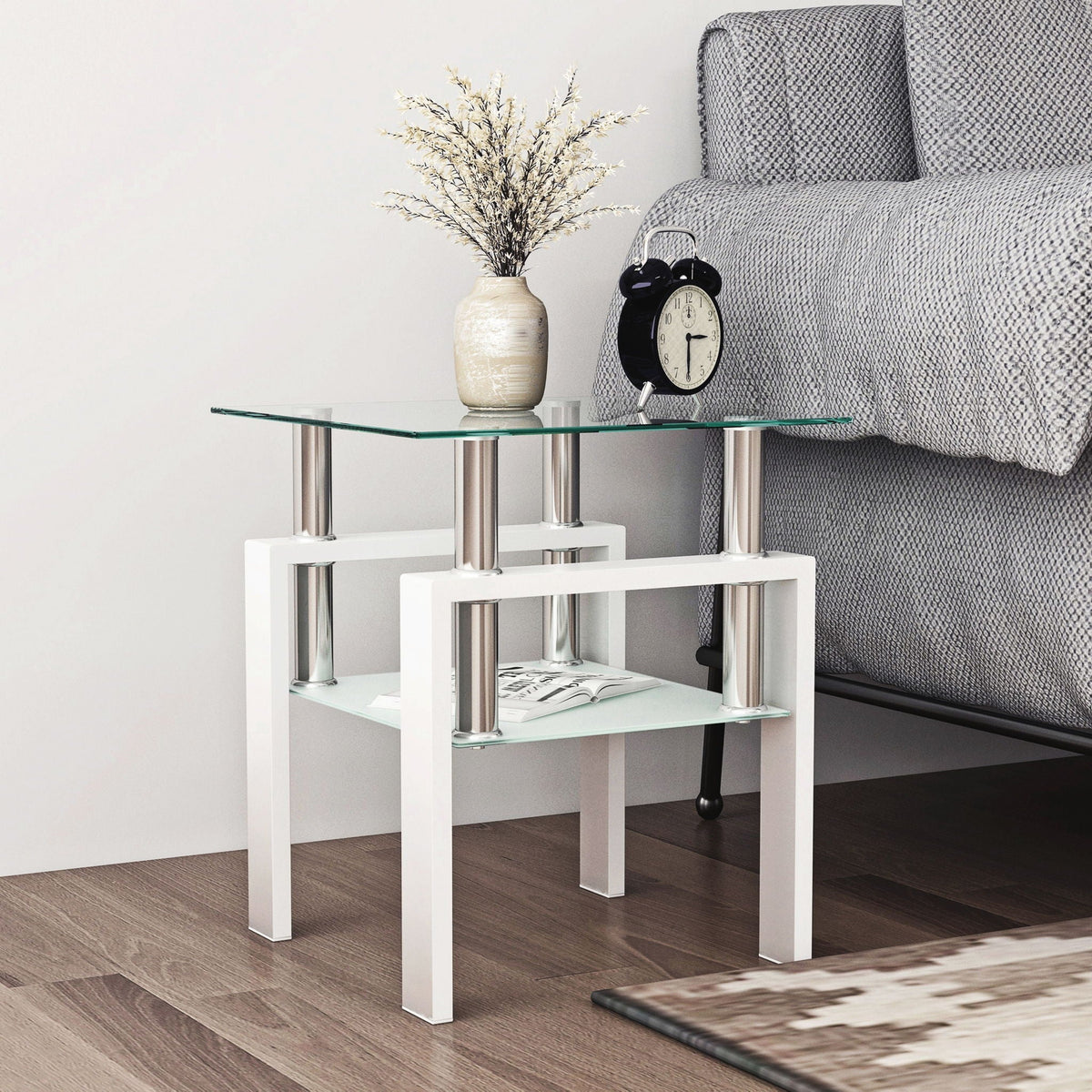 Modern Tempered Glass End Table with Metal Frame - Black or White, photo 9 of 16