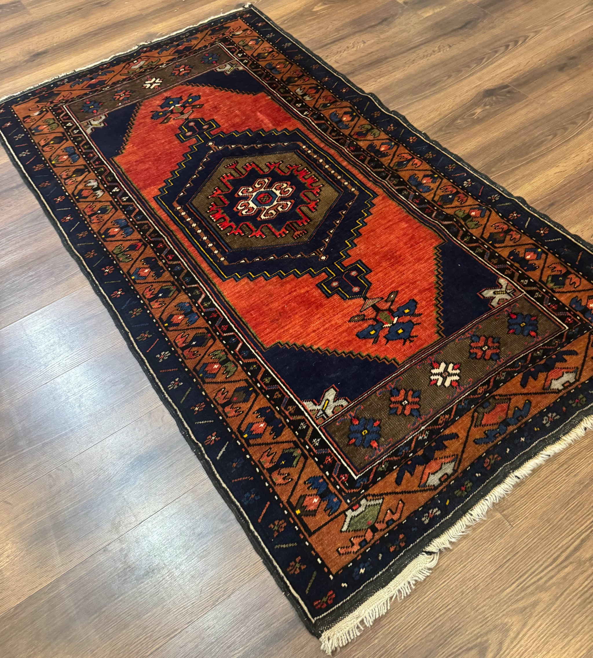 Persian Rug 3x6, Geometric Medallion, Village Tribal Rug, Terracotta and Navy Blue, Antique Nahavand Hamadan Rug by Jewel Rugs