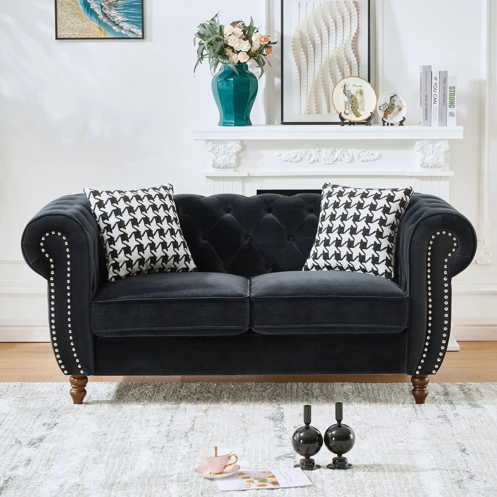Chesterfield Upholstery Fabric Loveseat With Roll Armrest And Nailhead by HouseOfZazla