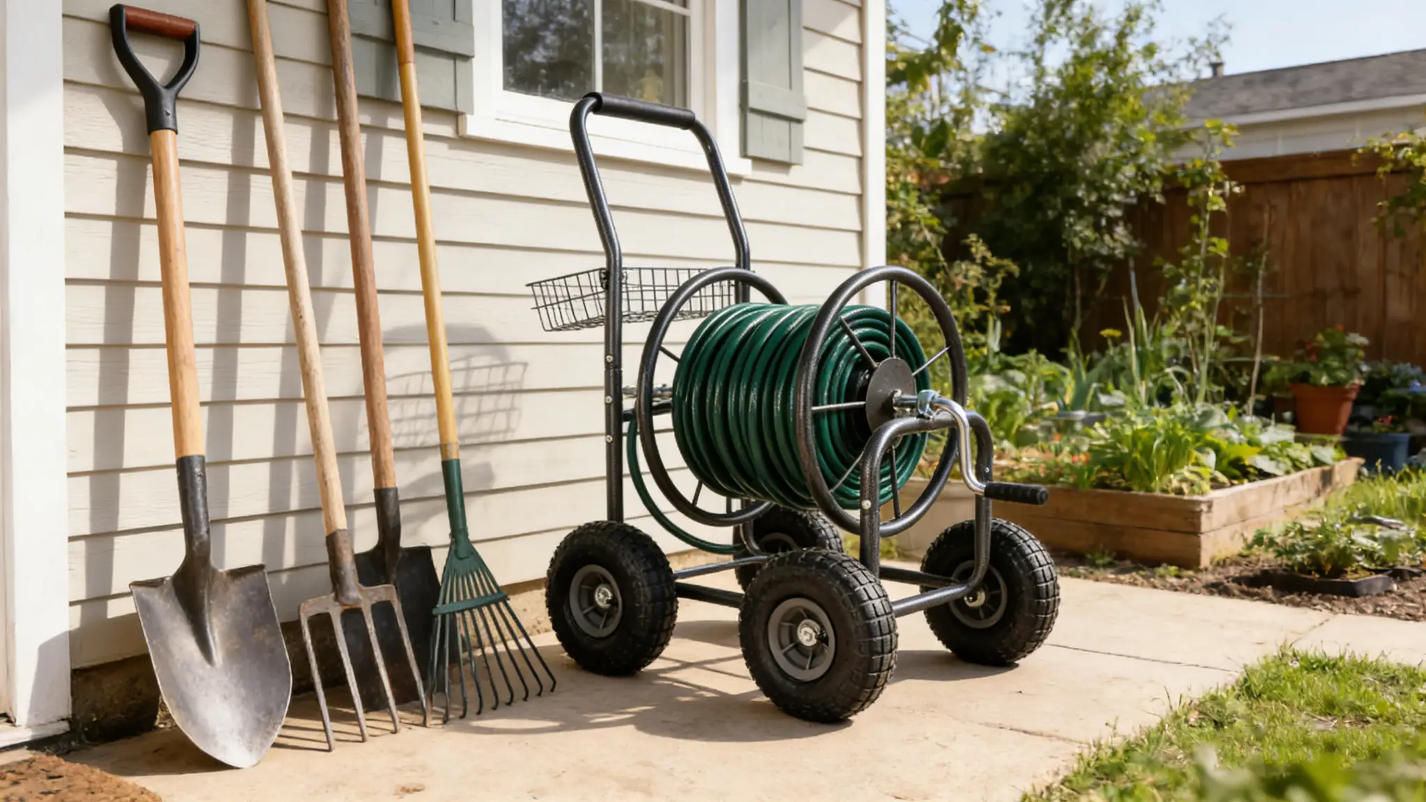 Garden Hose Reel Cart - 4 Wheels Portable with Storage Basket by HouseOfZazla