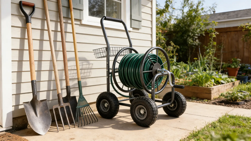 Garden Hose Reel Cart - 4 Wheels Portable with Storage Basket by HouseOfZazla
