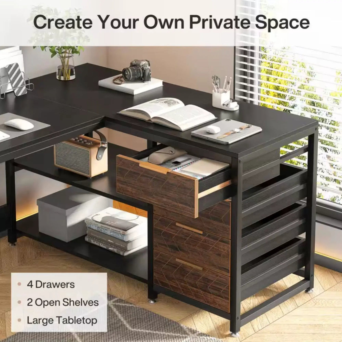 L-Shaped Computer Desk With Drawers And Shelves, Workstation For Home Office by HouseOfZazla