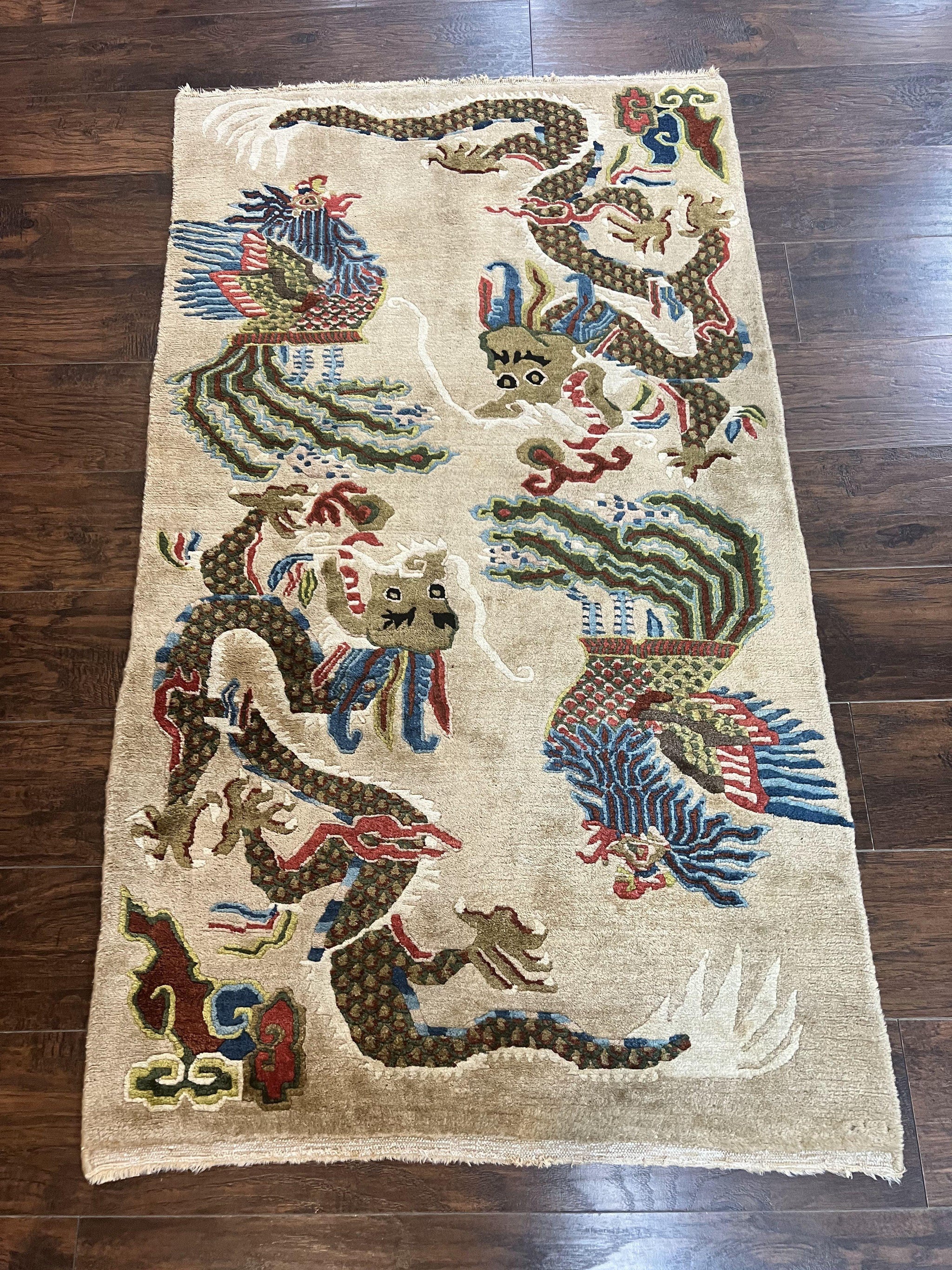 Antique Chinese Peking Rug 3 x 5.6, Dragon Motifs, Handmade Wool Asian Oriental Carpet by Jewel Rugs