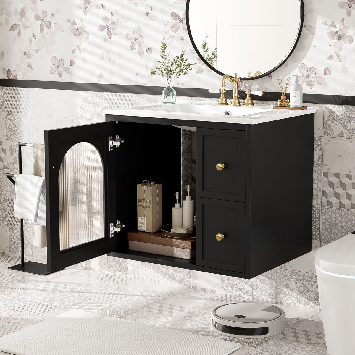 Wall-Mounted Bathroom Vanity Set with Ceramic Sink and Soft-Close Drawers - Black, Beige, or White, photo 8 of 12