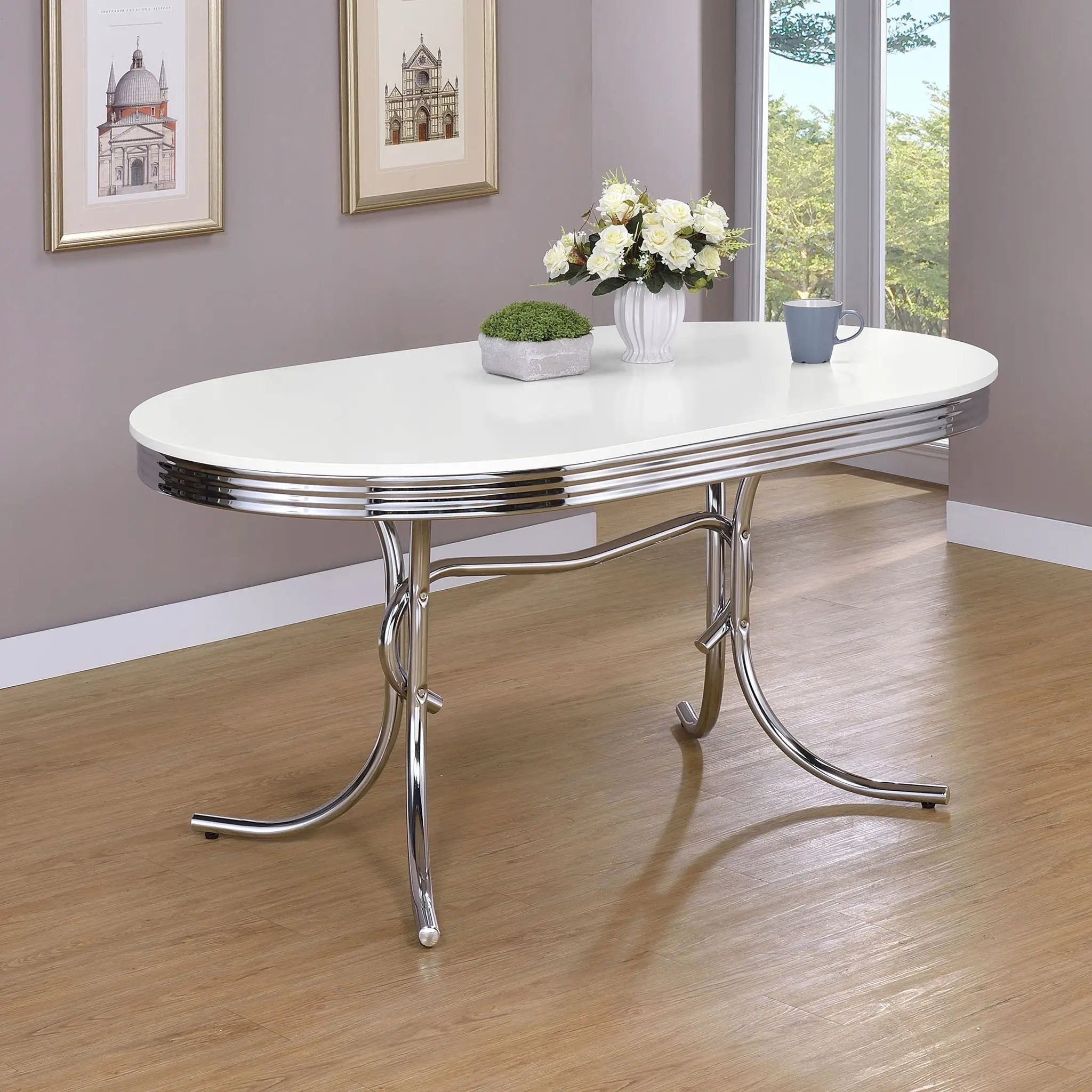 Retro Oval 60-inch Wood Top Dining Table White and Chrome by Unique Piece Furniture