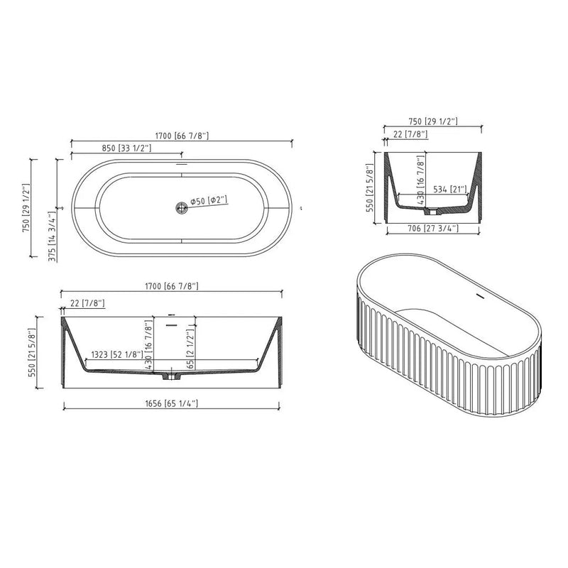 67" Freestanding Solid Surface Bathtub, Luxury Engineered Stone Resin Freestanding Soaking Bathtub With Overflow And Pop-Up Drain Cupc Certified 23S13-67 - Matte White by HouseOfZazla