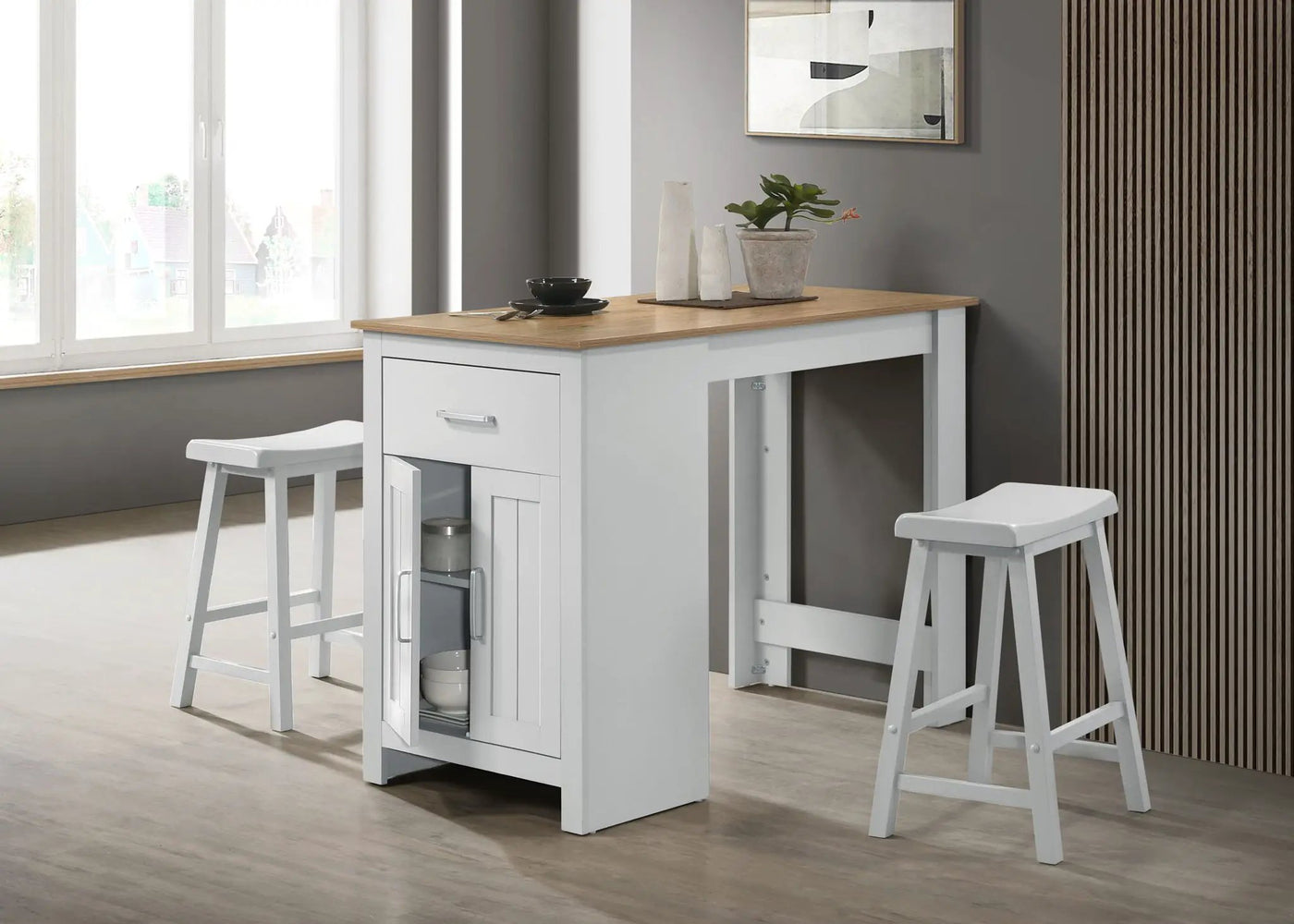 Alonzo - Small Space Counter Height Dining Table With Cabinet, Drawer, And 2 Ergonomic Counter Stools (Set of 3) by HouseOfZazla