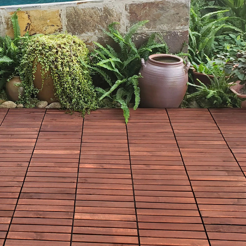 Interlocking Deck Tiles Striped Pattern, Square Acacia Hardwood Outdoor Flooring For Patio, Bancony, Pool Side by HouseOfZazla