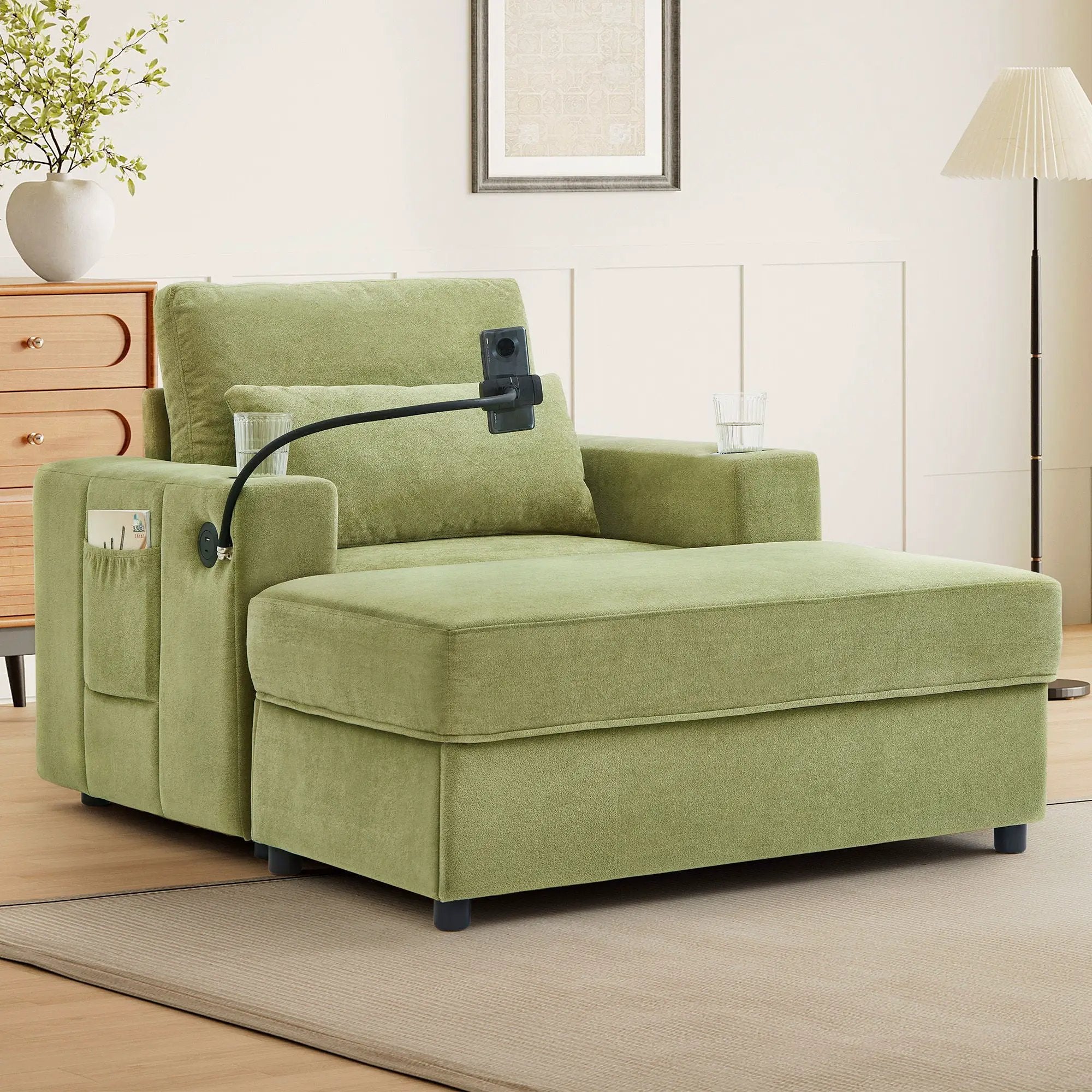 Modern Style Armchair Chaise Lounge Sofa Couch With Movable Storage Ottoman, USB Ports, Cup Holders, Phone Holder, Side Pockets by HouseOfZazla
