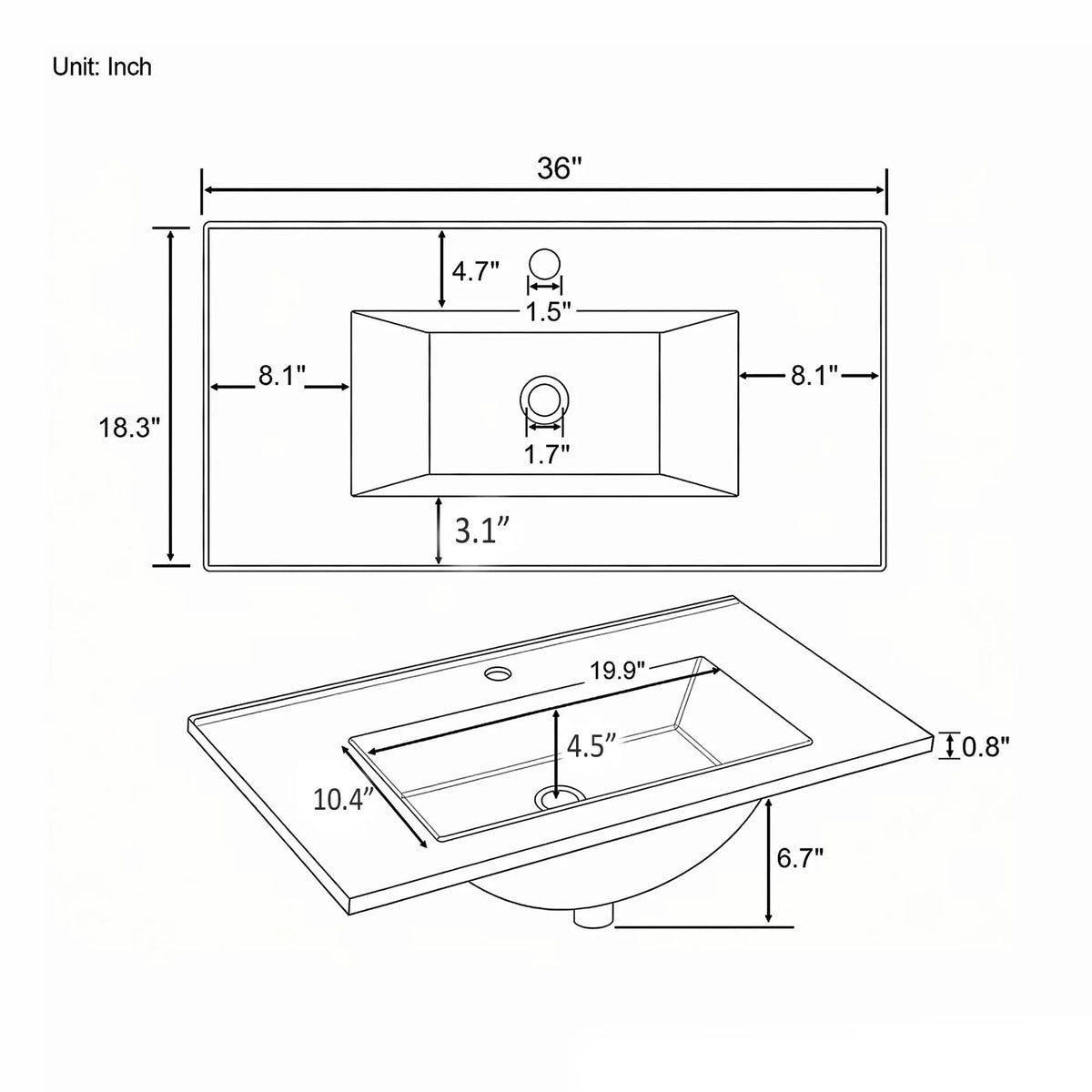 36" Ceramic Basin Sink, 0.8" Ultra-Thin Profile by HouseOfZazla