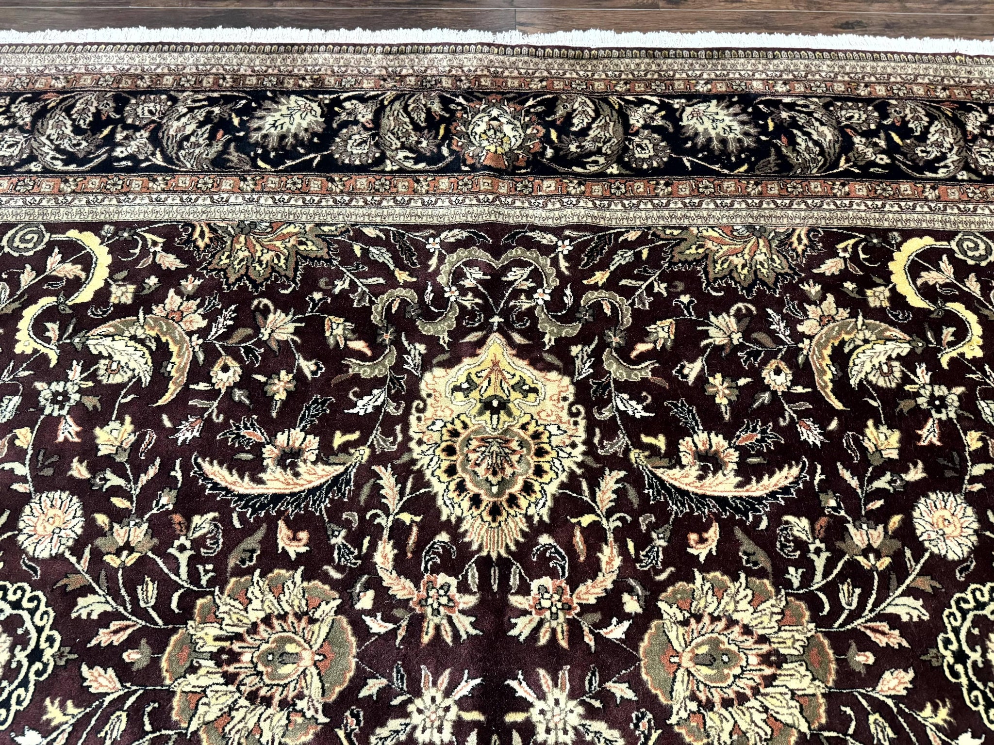 Indo Persian Rug 10x14, Floral Allover, Handmade Vintage Wool Rug, Dark Maroon/Plum and Black by Jewel Rugs
