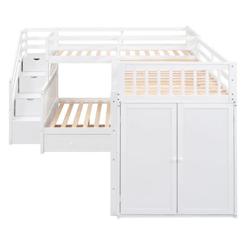 L Shaped Bunk Bed With 3 Drawers, Portable Desk And Wardrobe