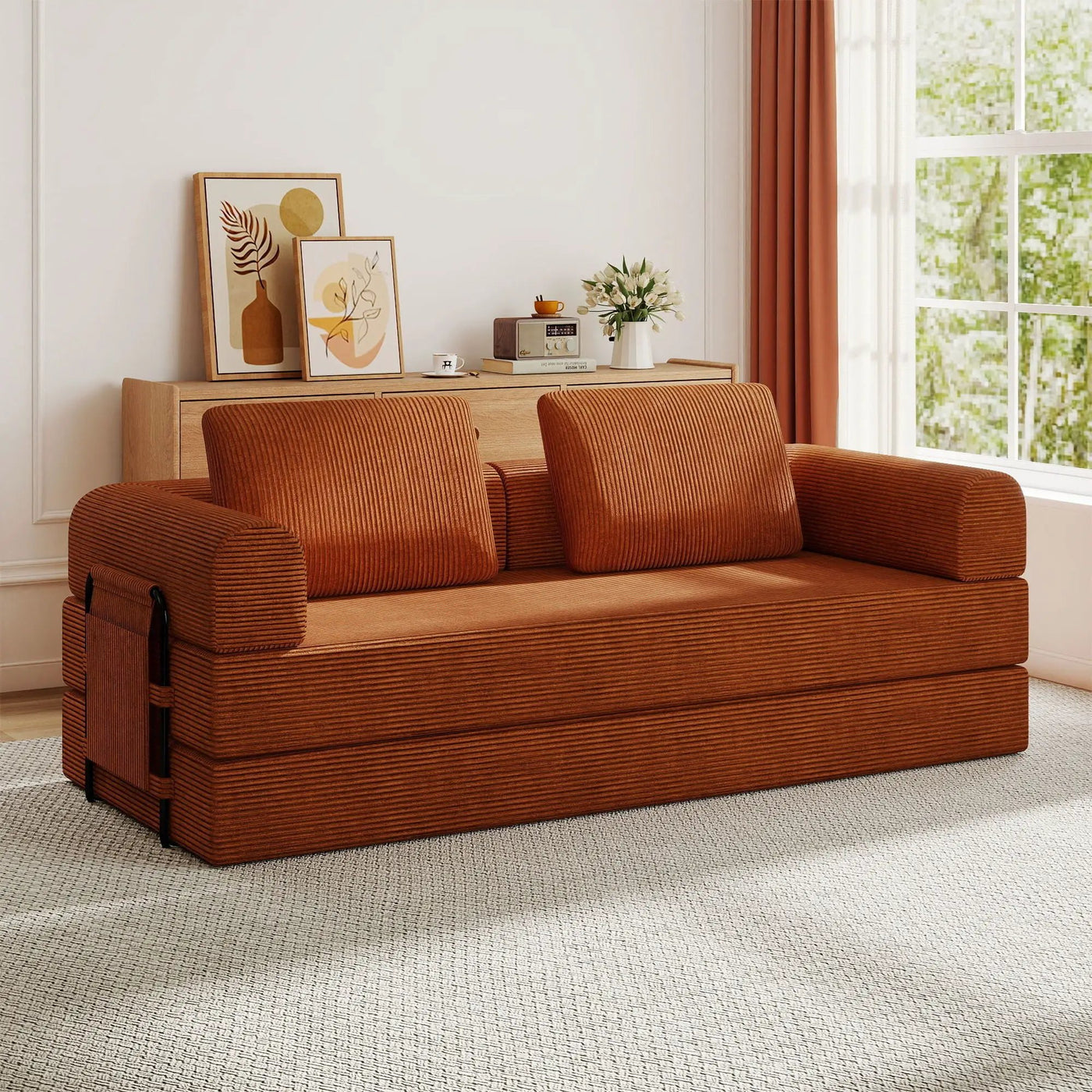 Convertible Sleeper Sofa Bed With Cylindrical Pillow, Fixed Shape Frame by Unique Piece Furniture