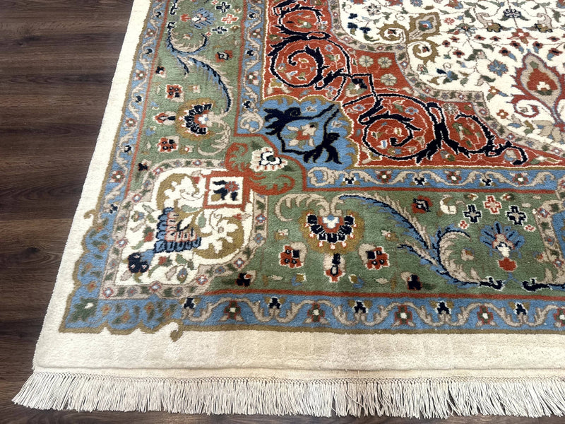 Indo Persian Rug 9x12, Ivory Red Green, Traditional Oriental Carpet by Jewel Rugs