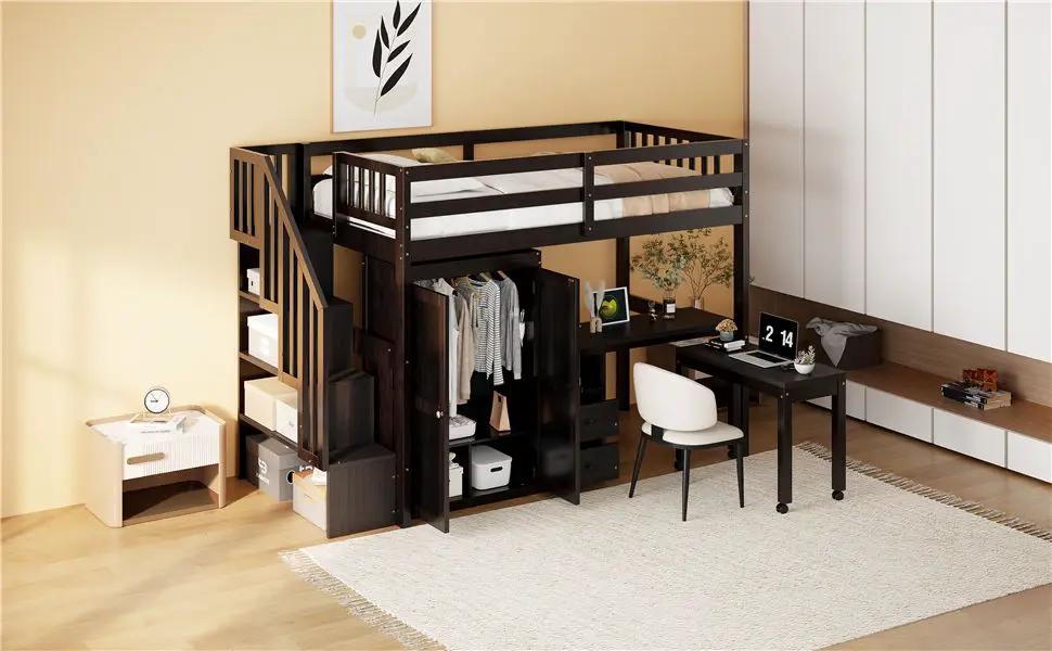 Loft Bed With Stairs, Bookshelf, Drawers, Desk & Wardrobe, Space Saving Multifunctional Furniture by HouseOfZazla