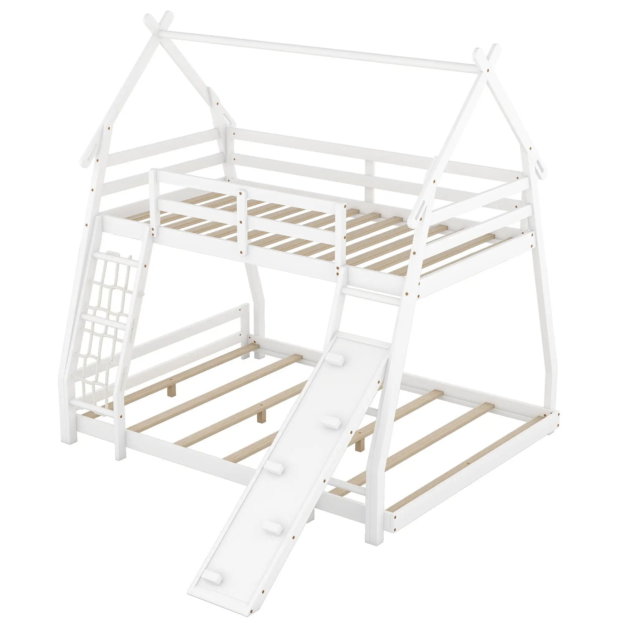 Twin Over Queen House Bunk Bed With Climbing Nets And Climbing Ramp by Unique Piece Furniture