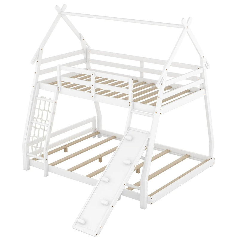 Twin Over Queen House Bunk Bed With Climbing Nets And Climbing Ramp by Unique Piece Furniture