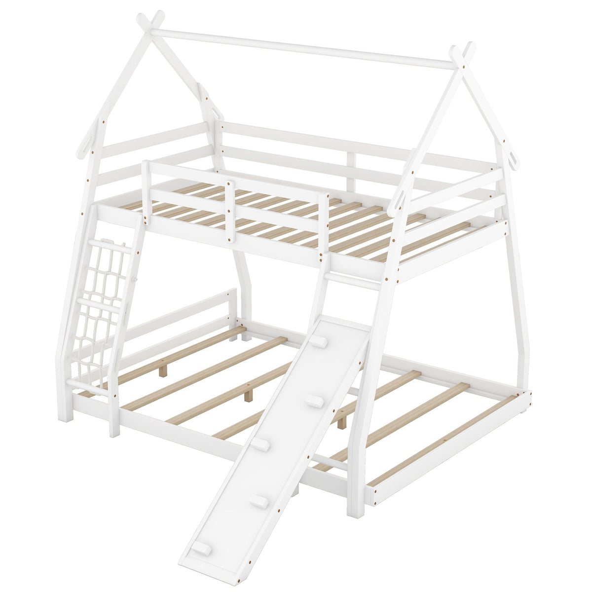 Twin Over Queen House Bunk Bed with Climbing Nets and Ramp - White or Light Brown, photo 8 of 14