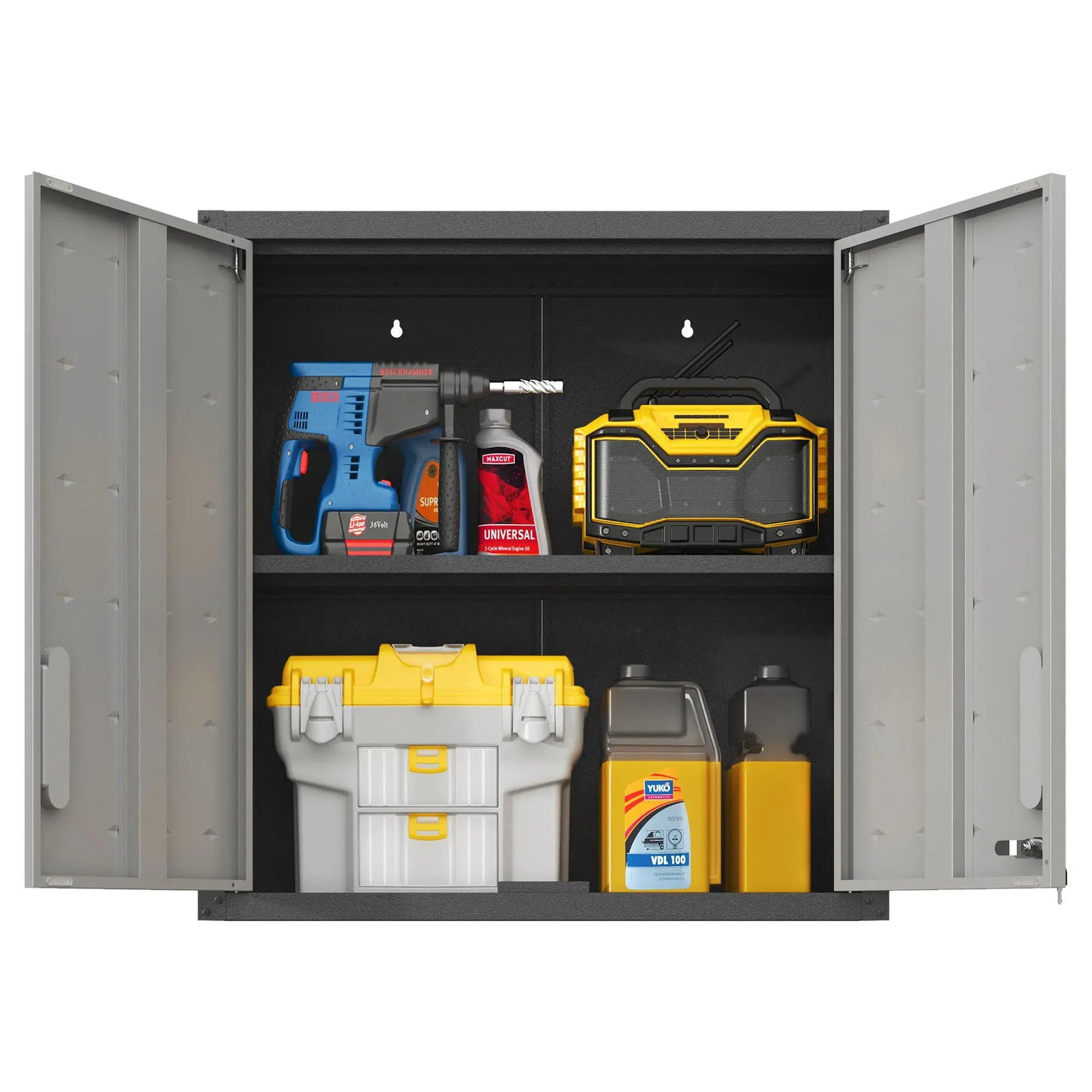 Metal Wall Mounted Tool Storage Cabinet With 2 Locking Doors, Adjustable Shelf, And Drawer by HouseOfZazla