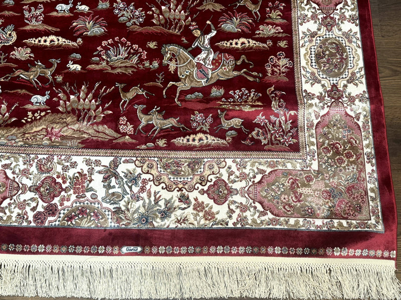 Turkish Silk Hunting Design Rug 4x6, Dark Red & Ivory, Bamboo Silk, New by Jewel Rugs