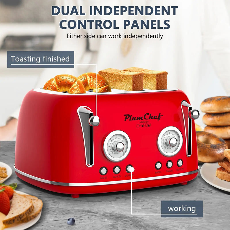 4 Slice Retro Style Toaster, Dual Control, 6 Browning Settings by HouseOfZazla
