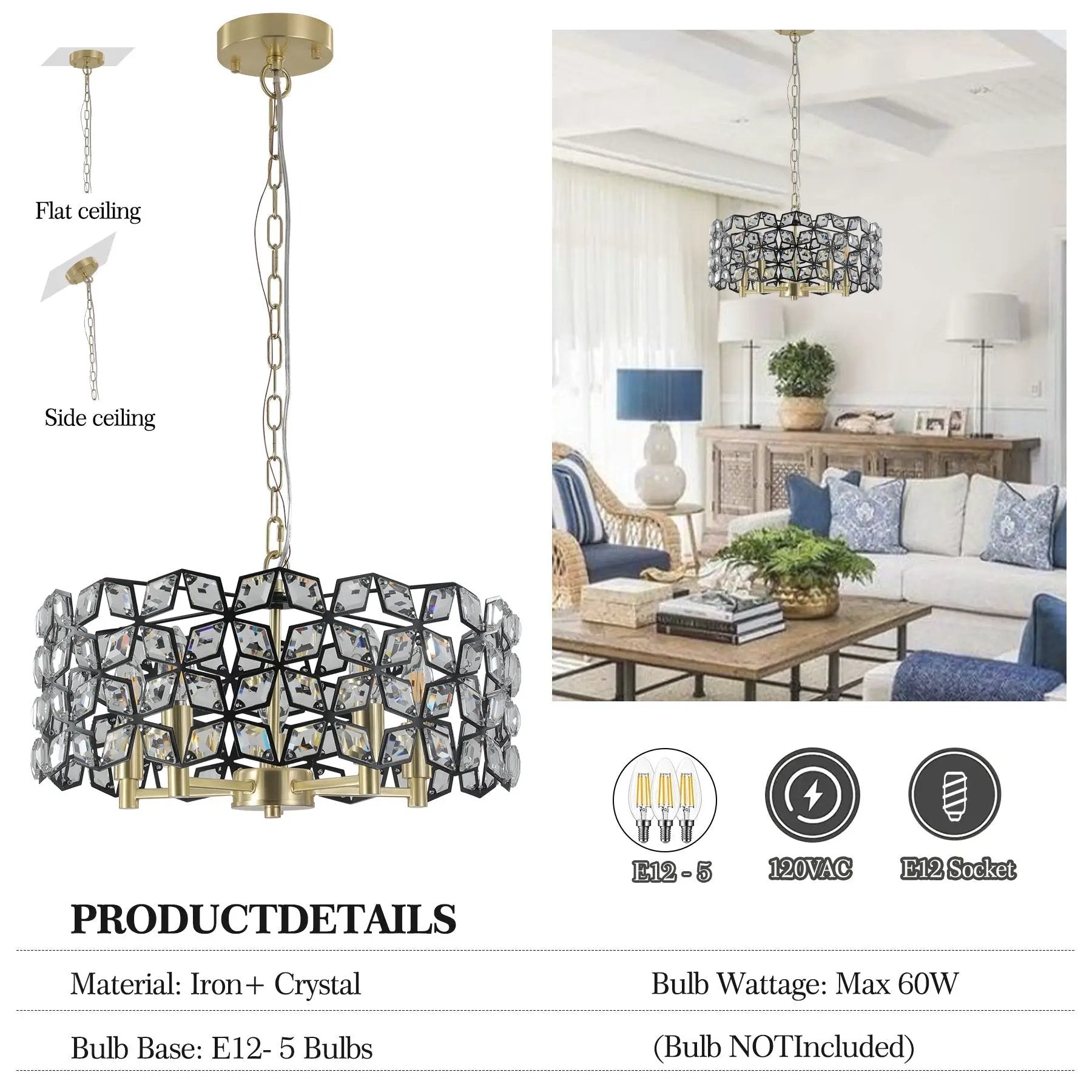 19" Geometric Crystal and Black Gold Round Pendant Chandelier by HouseOfZazla